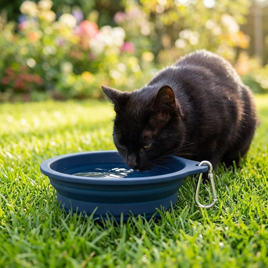 Collapsible pet bowl navy blue - black cat drinking outdoors on grass