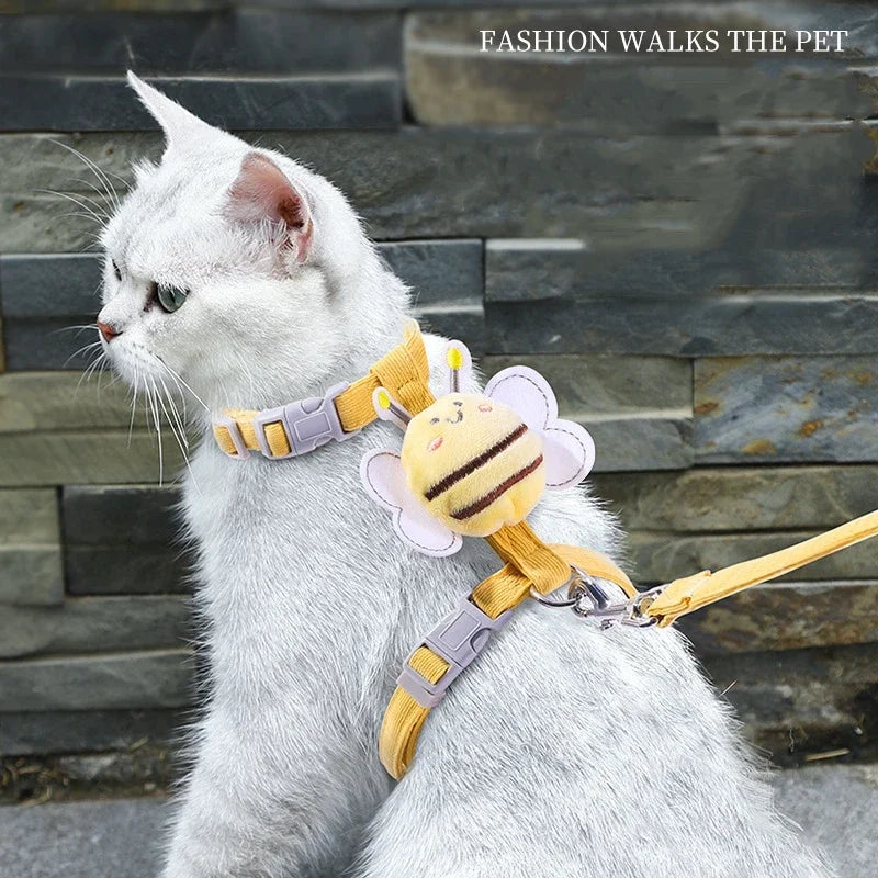 Adjustable Cartoon Bee Double Layer Cat Harness and Leash Set for Small to Medium Pets - Ideal for Outdoor Walking