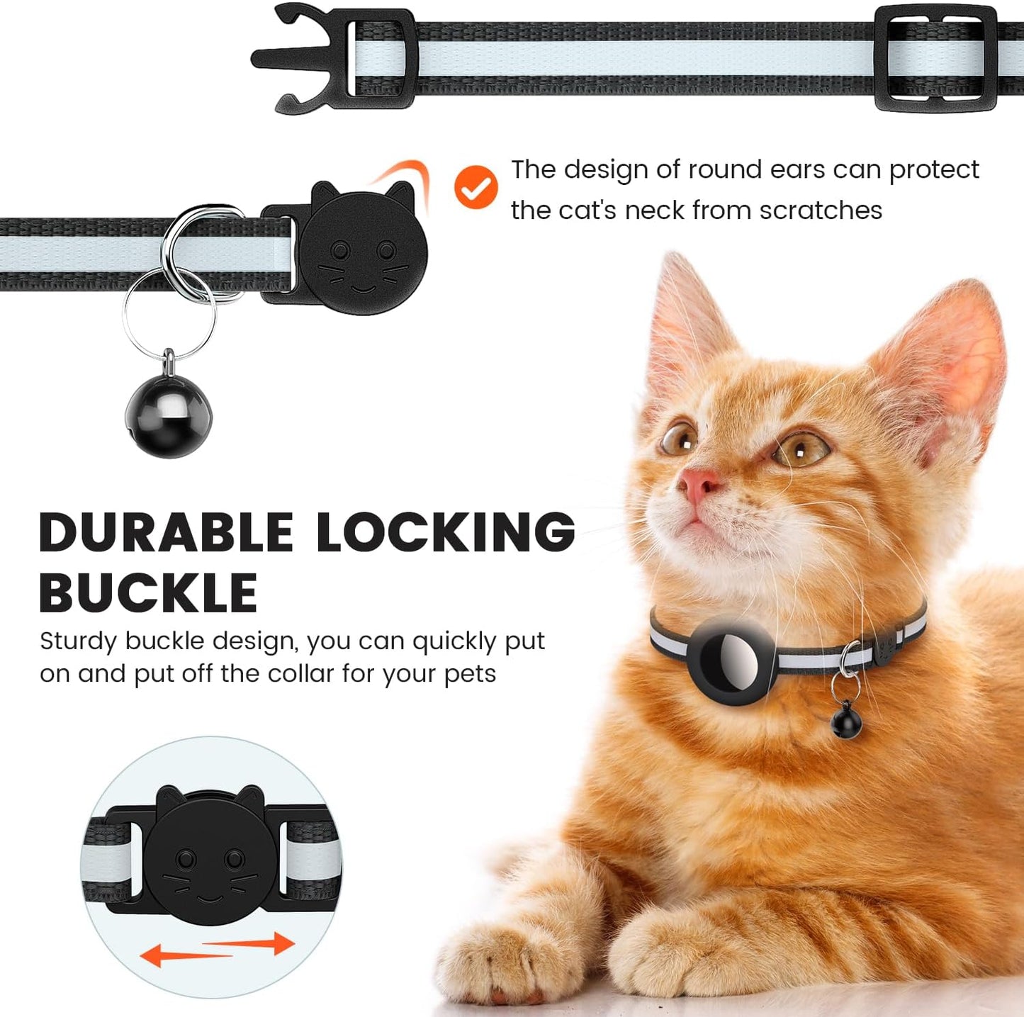 Reflective Cat Collar with AirTag Holder, Waterproof Design, Breakaway Safety Buckle, Bell Included, Compatible with Apple AirTag - Black