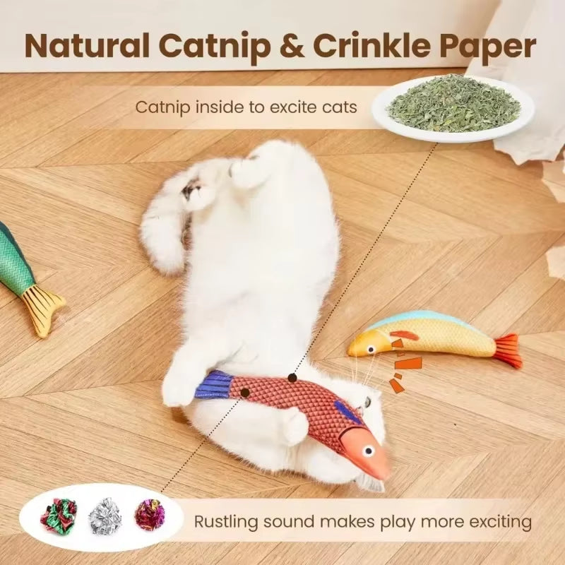 Interactive Saury Fish Crinkle Plush Cat Kicker Toy with Catnip for Teeth Grinding and Play