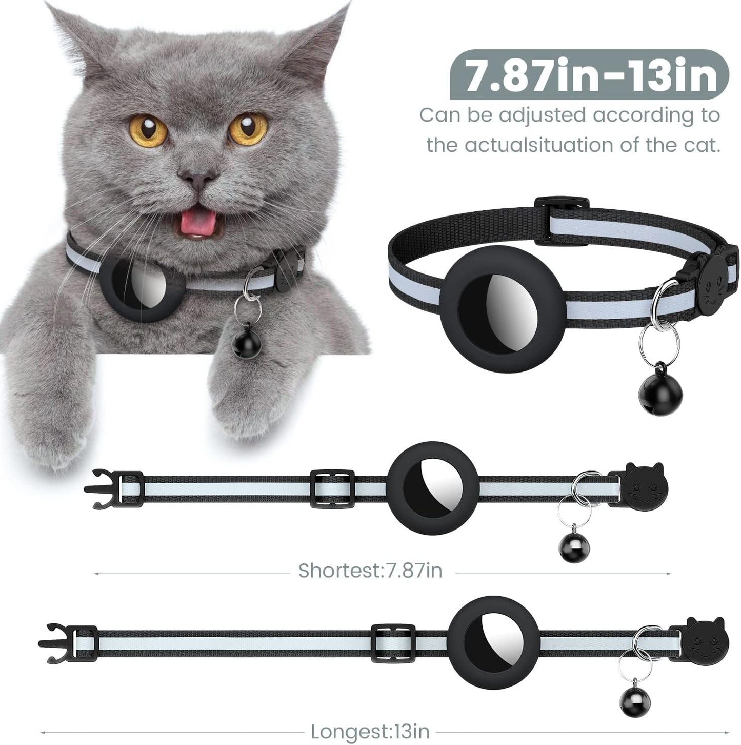 Reflective Cat Collar with AirTag Holder, Waterproof Design, Breakaway Safety Buckle, Bell Included, Compatible with Apple AirTag - Black