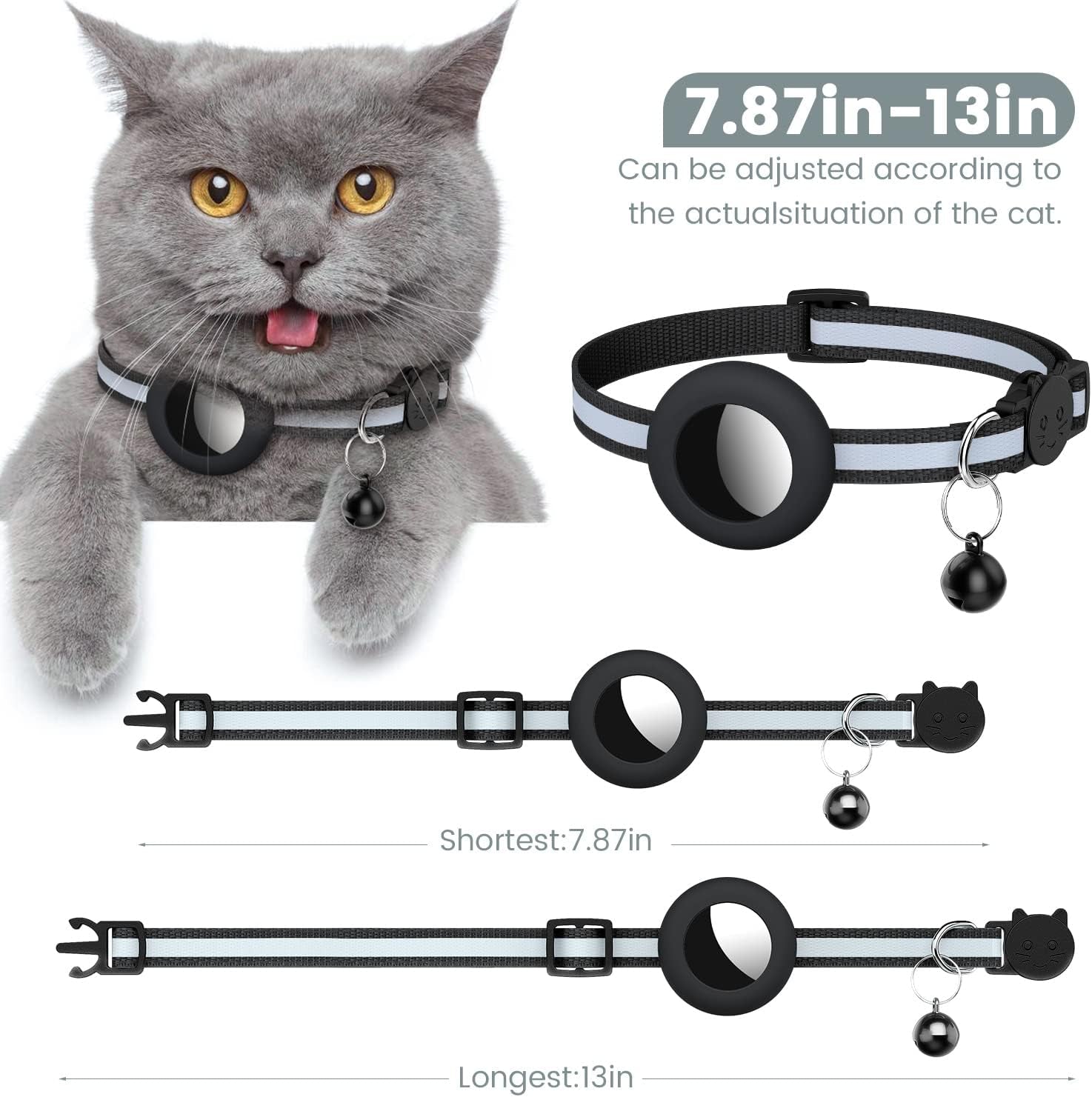 Reflective Cat Collar with AirTag Holder, Waterproof Design, Breakaway Safety Buckle, Bell Included, Compatible with Apple AirTag - Black