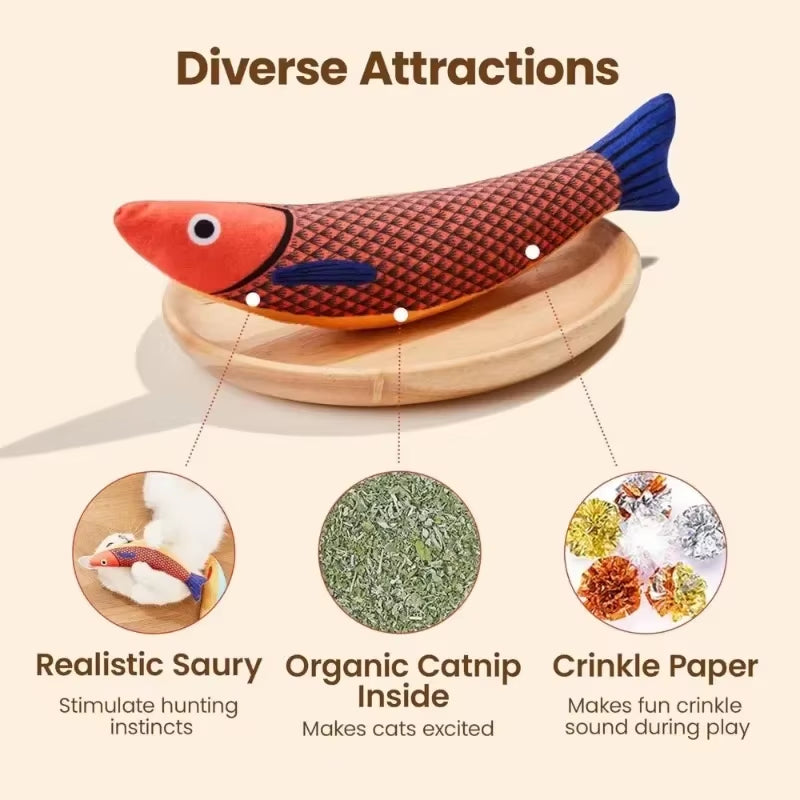 Interactive Saury Fish Crinkle Plush Cat Kicker Toy with Catnip for Teeth Grinding and Play