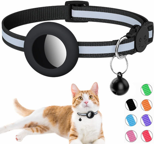 Reflective Cat Collar with AirTag Holder, Waterproof Design, Breakaway Safety Buckle, Bell Included, Compatible with Apple AirTag - Black