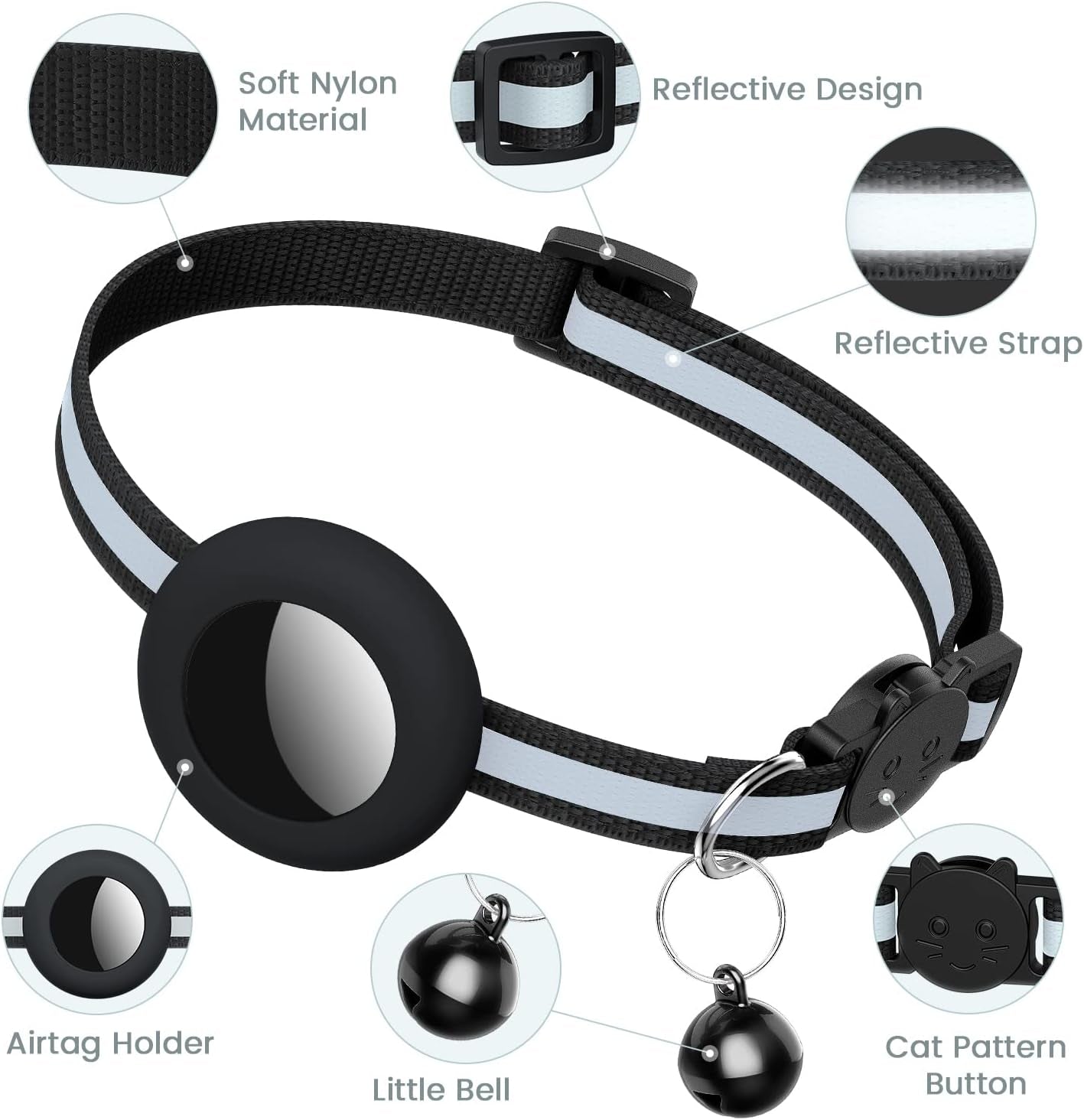 Reflective Cat Collar with AirTag Holder, Waterproof Design, Breakaway Safety Buckle, Bell Included, Compatible with Apple AirTag - Black