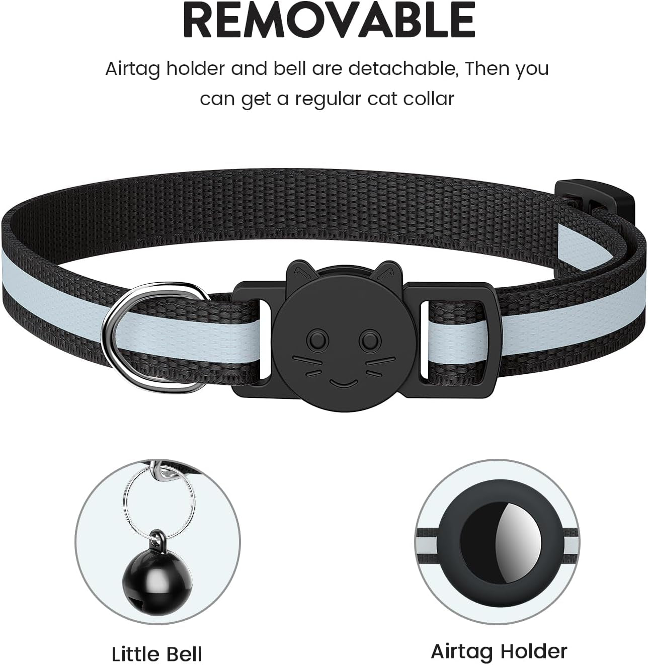 Reflective Cat Collar with AirTag Holder, Waterproof Design, Breakaway Safety Buckle, Bell Included, Compatible with Apple AirTag - Black