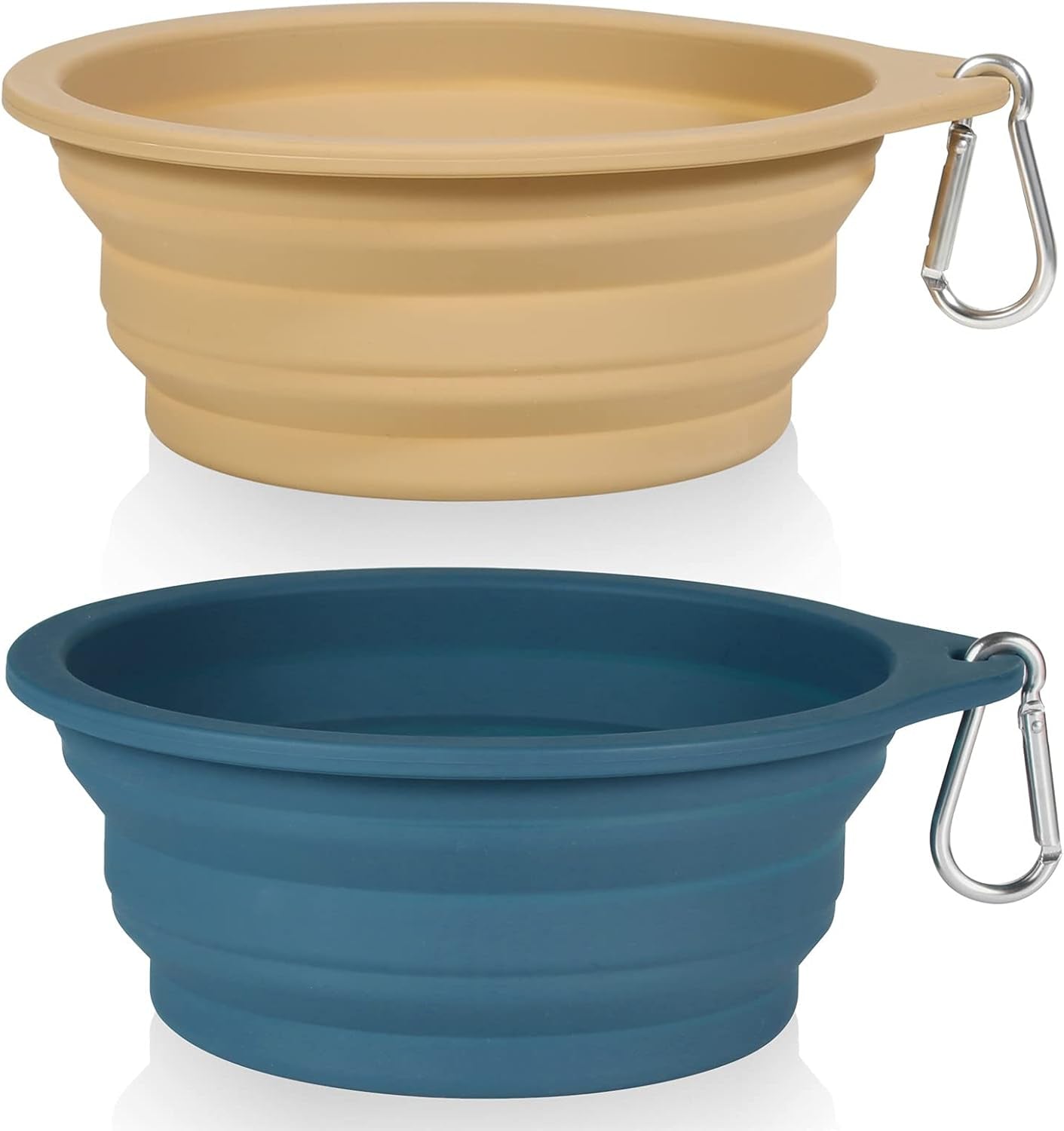 2-Pack Collapsible Pet Bowls - Portable Feeding and Water Bowls with Carabiner for Indoor and Outdoor Use (Navy + Khaki)