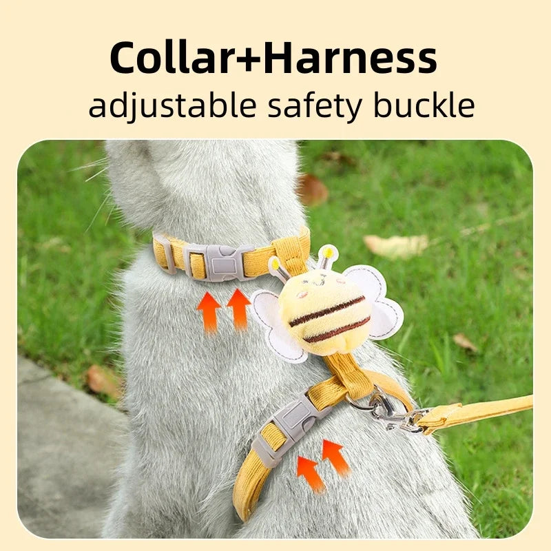 Adjustable Cartoon Bee Double Layer Cat Harness and Leash Set for Small to Medium Pets - Ideal for Outdoor Walking