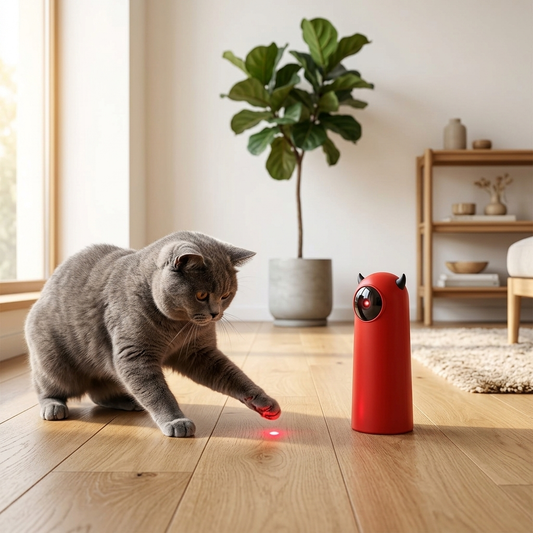 Cat chasing red laser dot from Purrious Smart Laser toy in modern living room