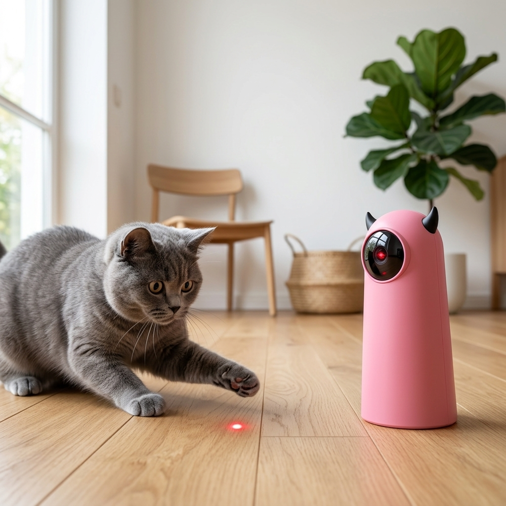 Cat chasing pink laser dot from Purrious Smart Laser toy in modern living room