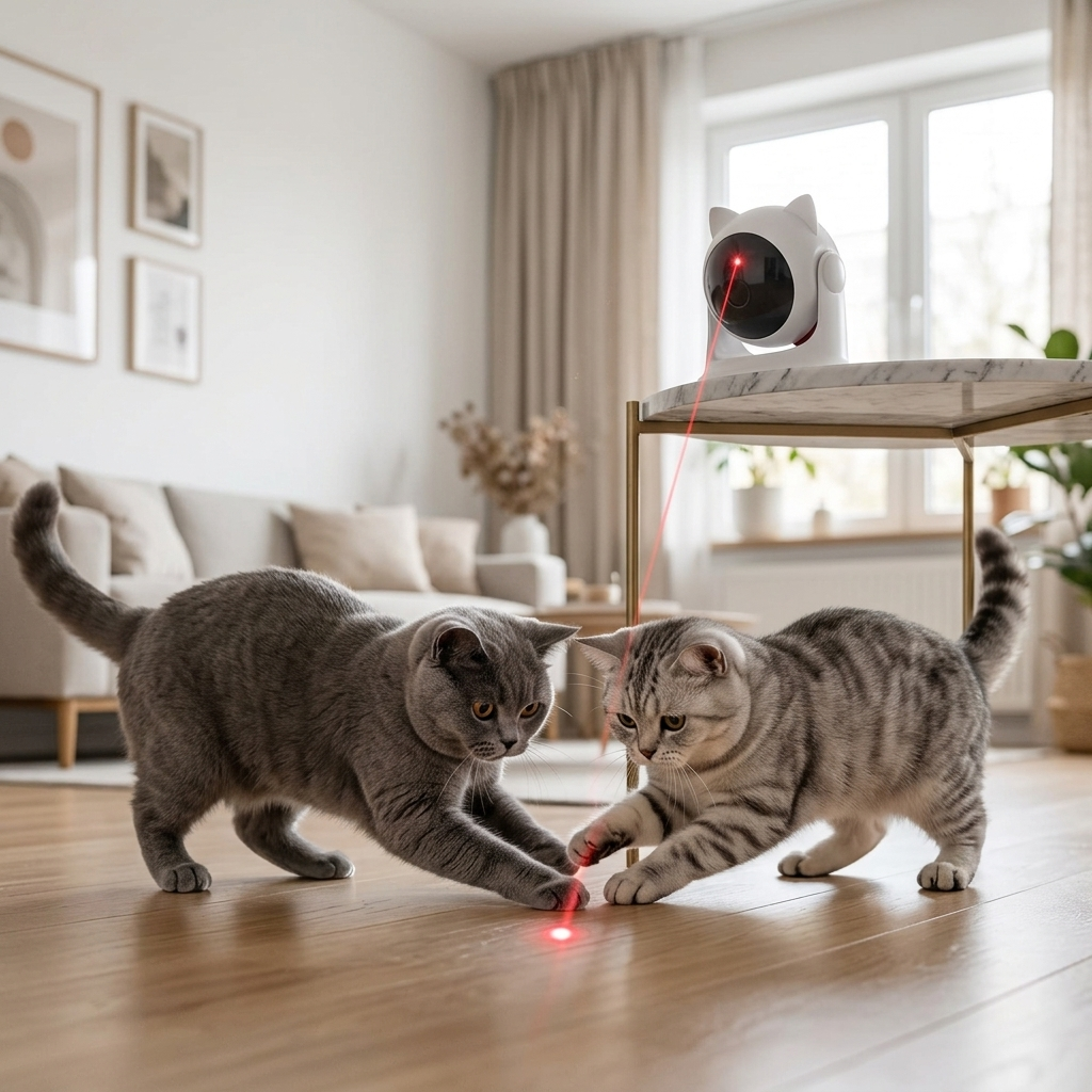 Two cats chasing laser dot from Purrious Pro Smart Laser toy in modern living room