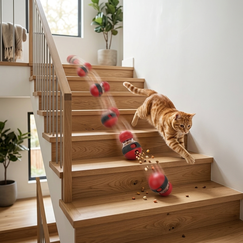Cat chasing treat dispensing ball down stairs