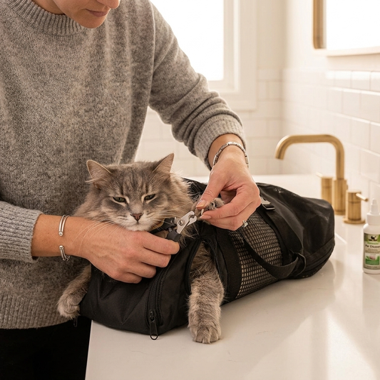 Cat Grooming Restraint Bag - calm cat getting nail trim in modern bathroom