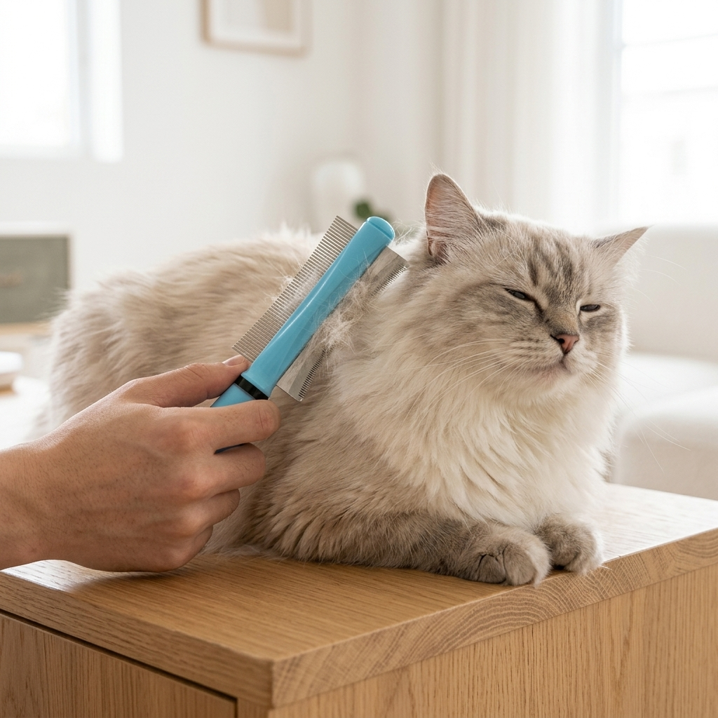 Double-sided pet deshedding grooming tool - person brushing fluffy cat in modern home