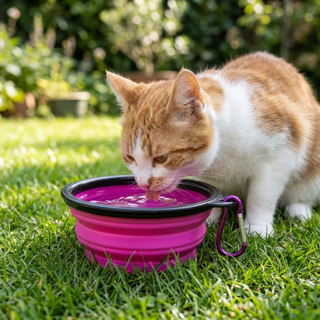Portable collapsible pet travel bowl - cat drinking water outside on grass