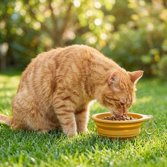 Collapsible pet bowl gold yellow - ginger cat eating outdoors on grass