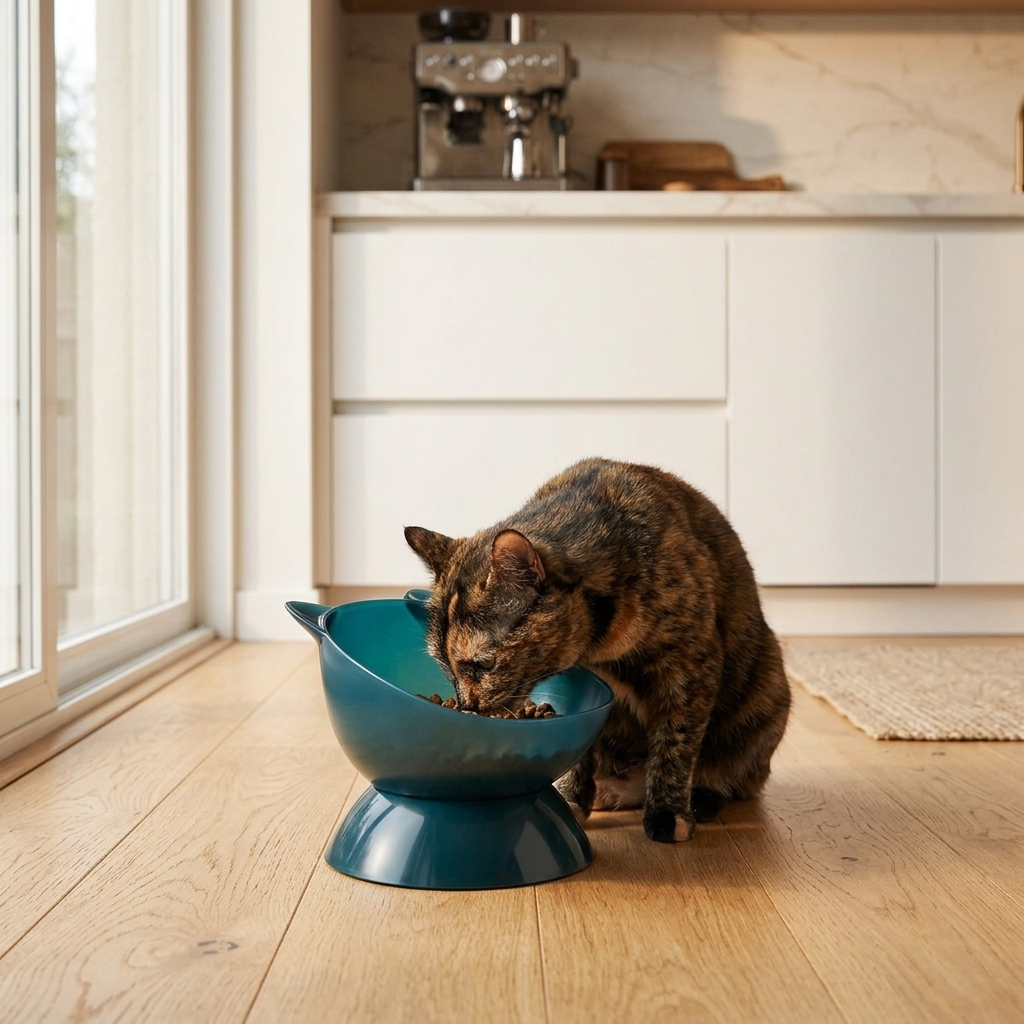 Elevated tilted pet feeding bowl - cat eating comfortably in modern kitchen