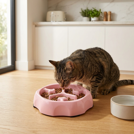 Anti-choking slow feeder puzzle cat bowl - cat eating slowly in modern kitchen