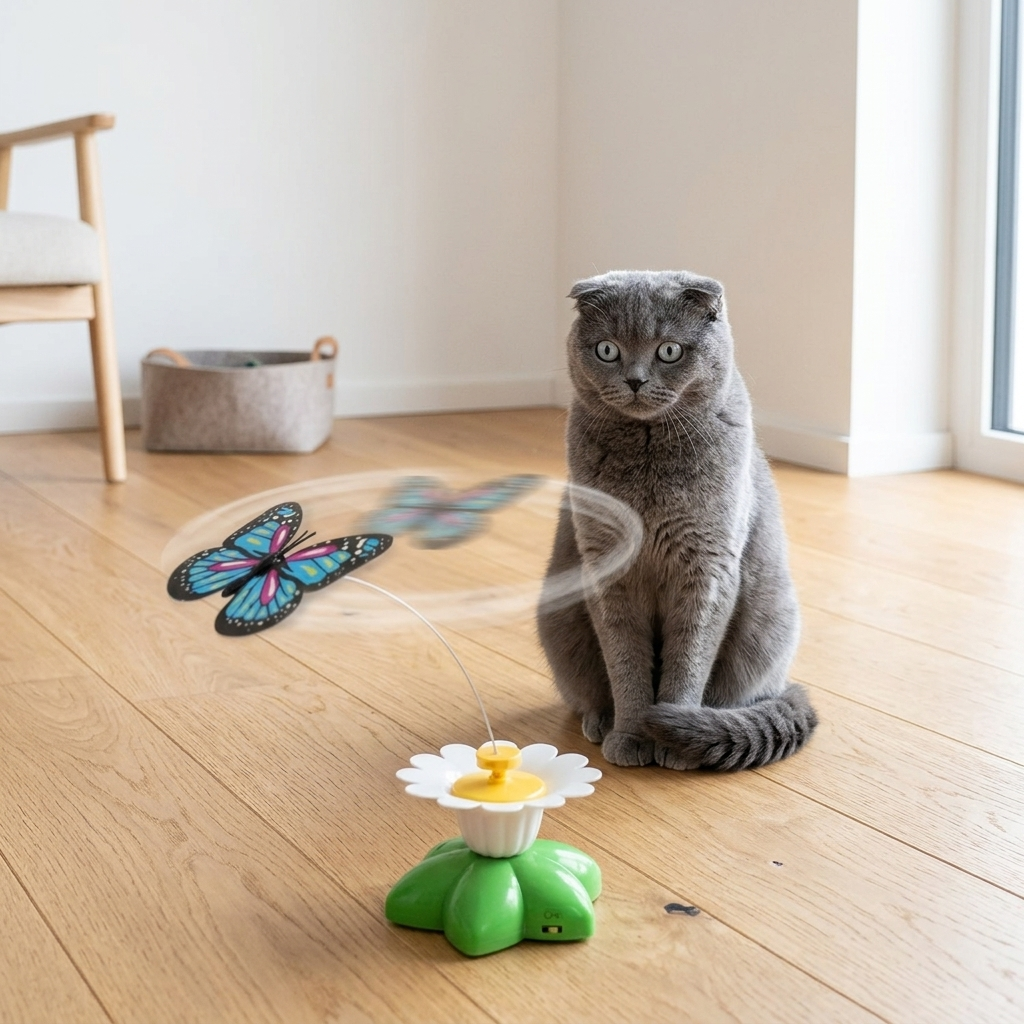 Rotating butterfly cat teaser toy - cat sitting and staring at butterfly in modern home