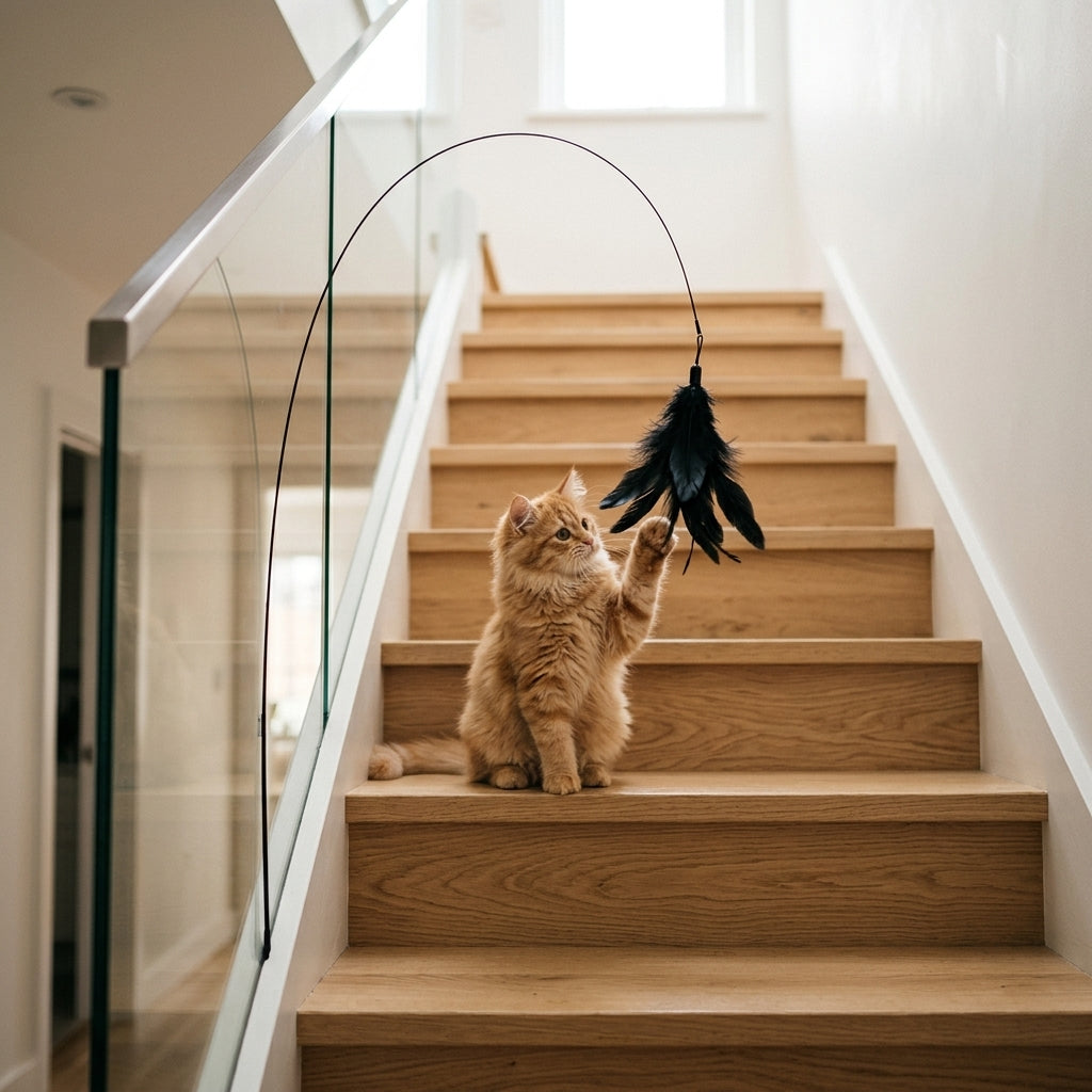 Hands-free feather wand cat toy - cat playing on stairs with dangling feathers