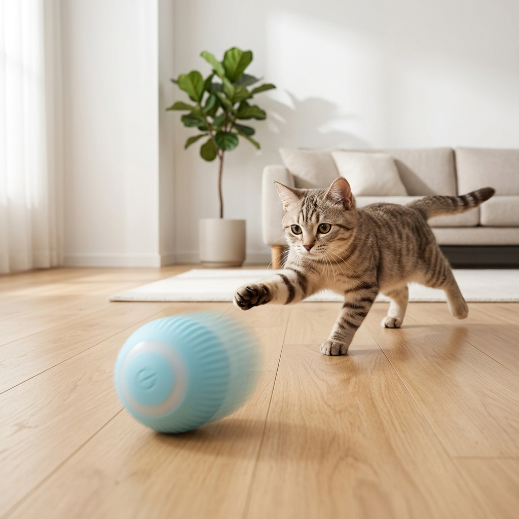 Automatic rolling ball cat toy - cat chasing ball across modern home floor