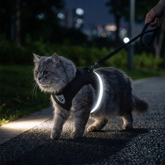 Escape-proof reflective cat harness and leash - cat walking at night with glowing reflective strip