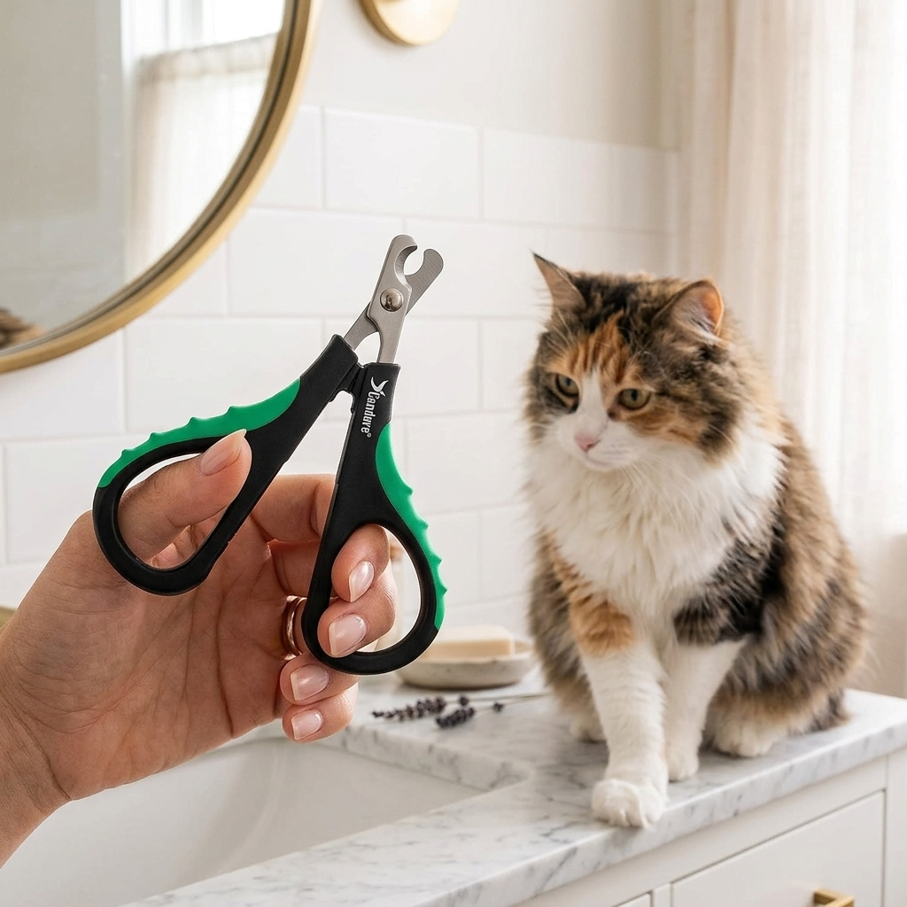 Stainless steel pet nail clippers - person holding clippers with cat in background