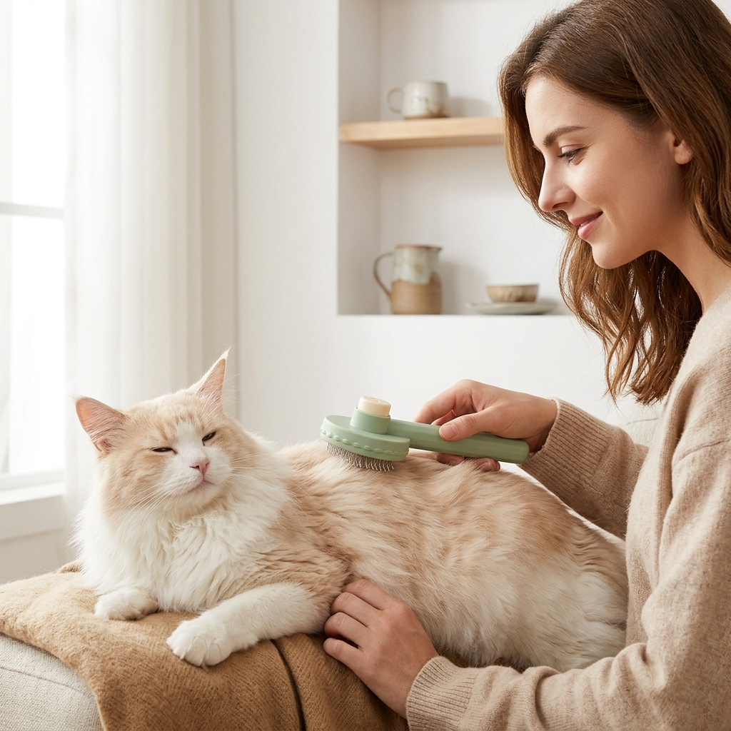 Self-cleaning slicker brush - woman brushing fluffy cat in modern home