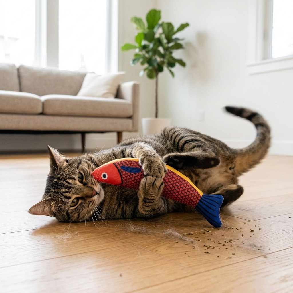 Catnip fish kicker toy - cat bunny kicking fish toy on modern home floor
