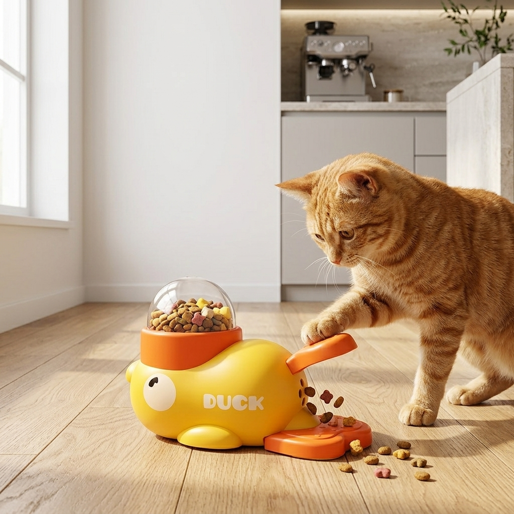 Cartoon duck slow feeder treat dispenser - cat pressing switch with treats falling out