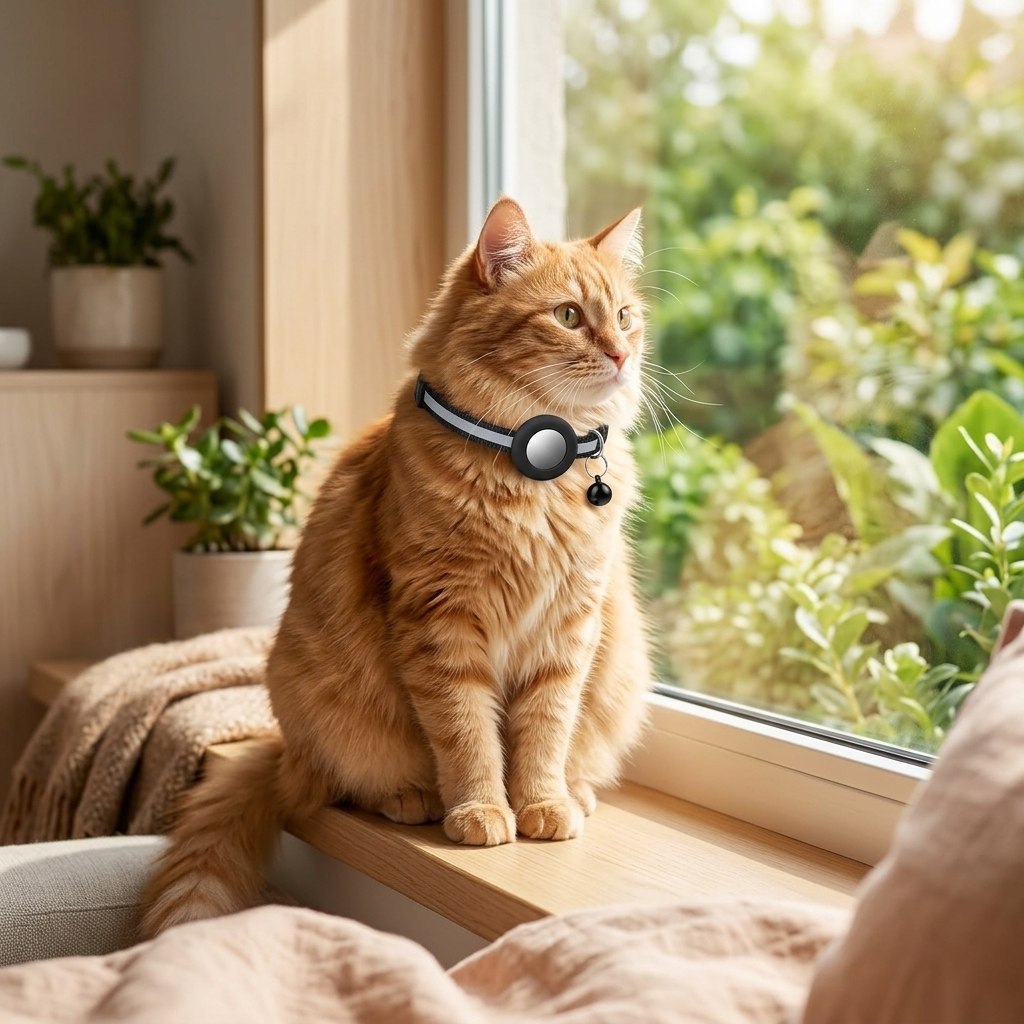 AirTag cat collar waterproof reflective - ginger cat on sunny windowsill